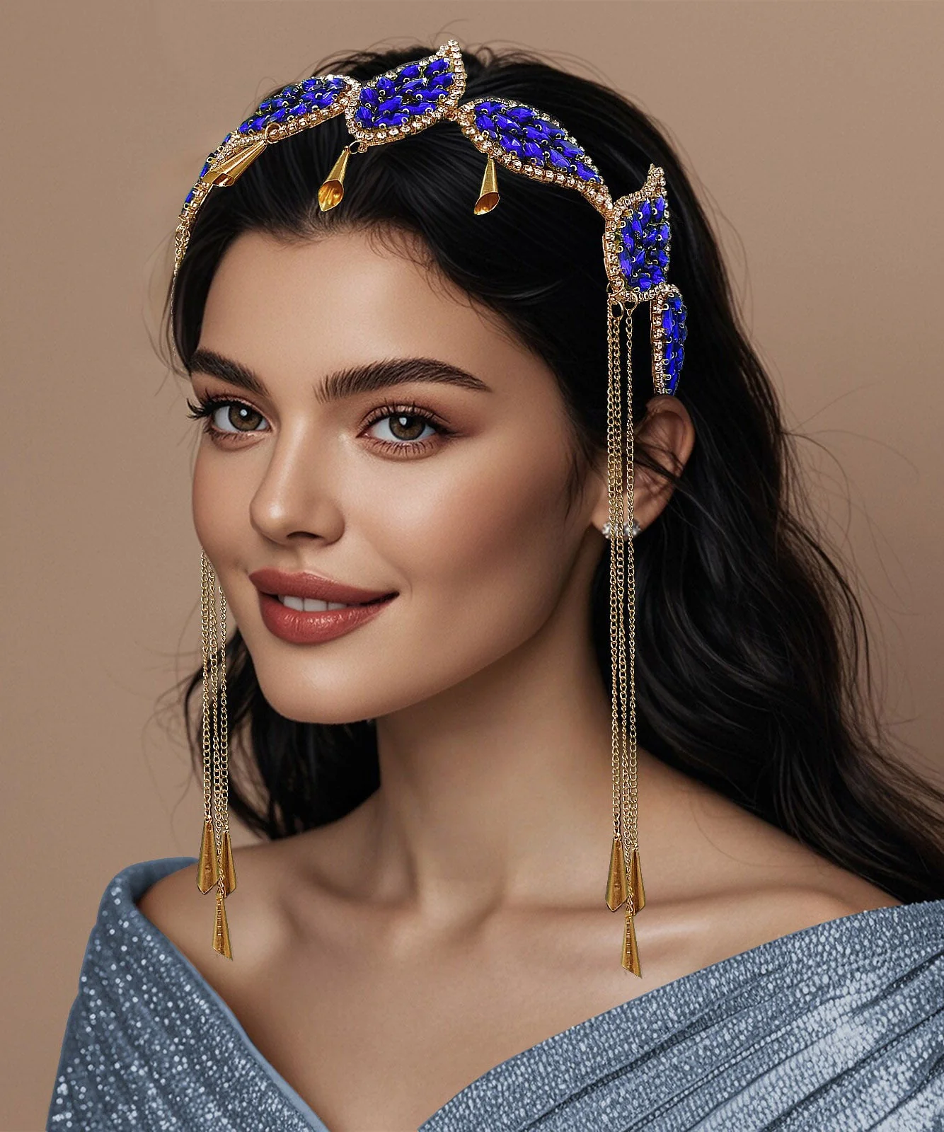 Art Blue Alloy Zircon Leaf Tasse HairPiece - Image 5