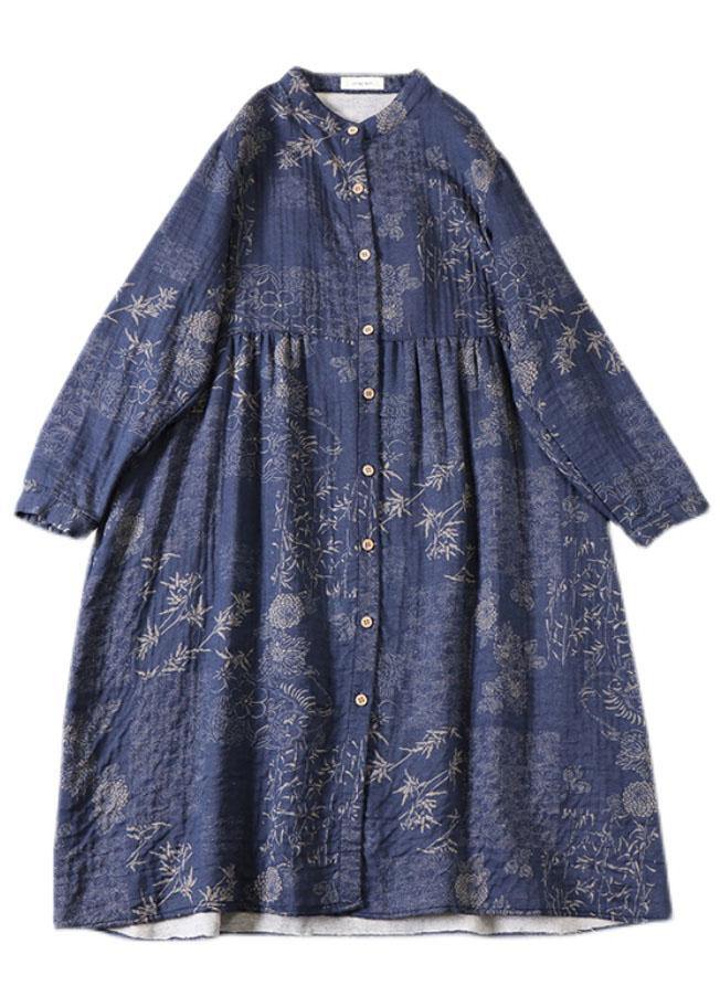 Art Blue Button Patchwork Pockets Fall Print Long sleeve Dress - Image 5