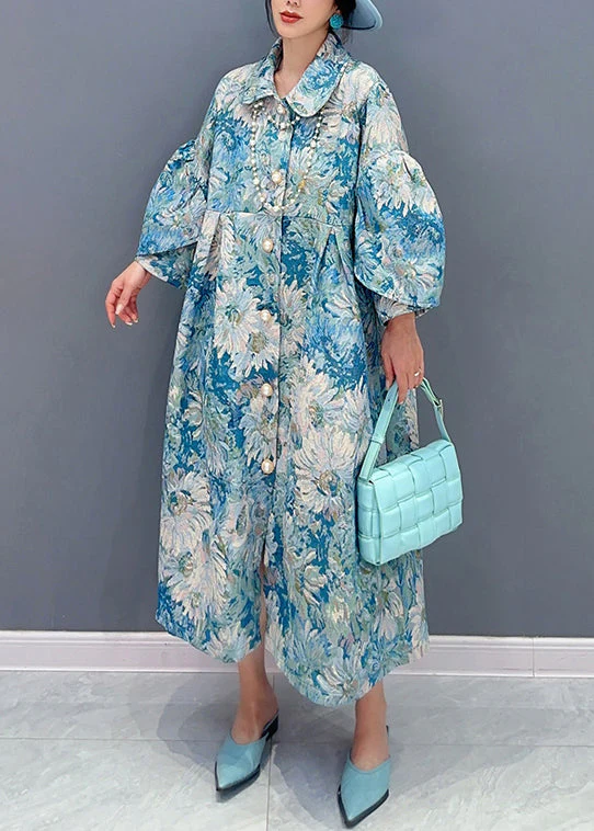 Art Blue Button Print Patchwork Cotton Shirts Dresses Fall - Image 3