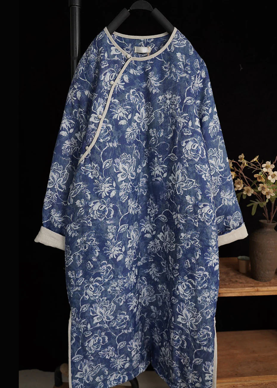 Art Blue Button Print Side Open Cotton Filled Long Dresses - Image 2