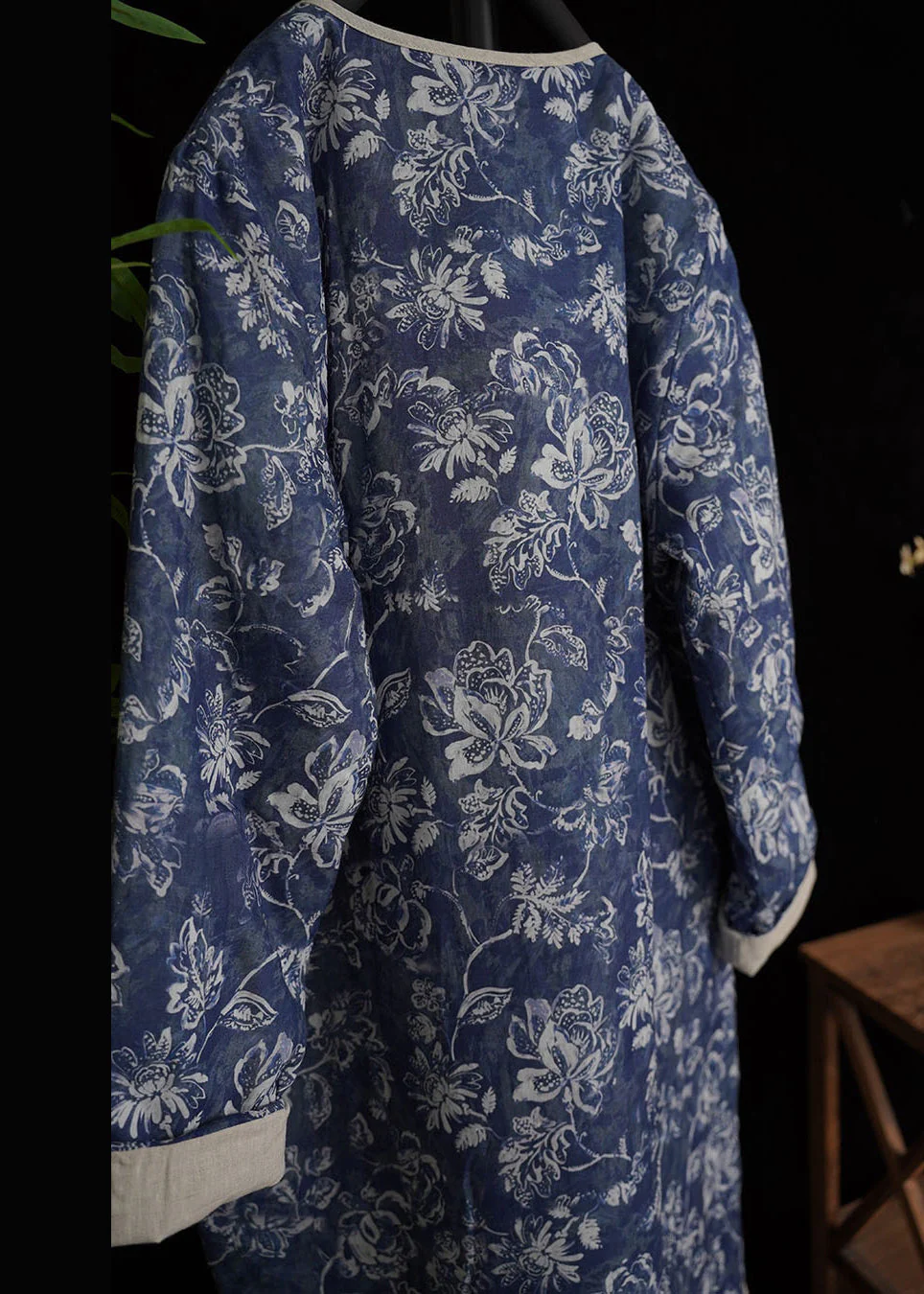 Art Blue Button Print Side Open Cotton Filled Long Dresses - Image 3