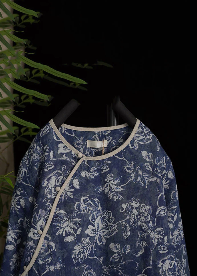 Art Blue Button Print Side Open Cotton Filled Long Dresses - Image 4