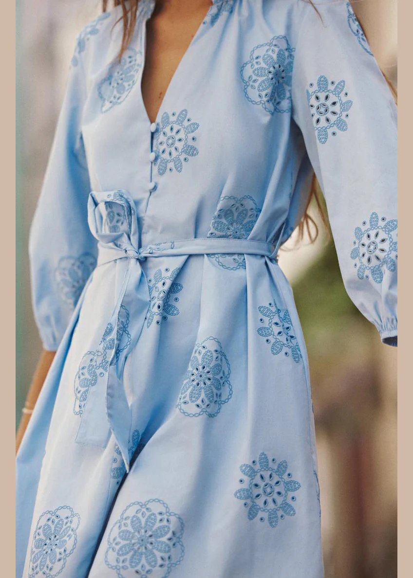 Art Blue Embroidered Hollow Out Tie Waist Cotton Mid Dress Half Sleeve - Image 3