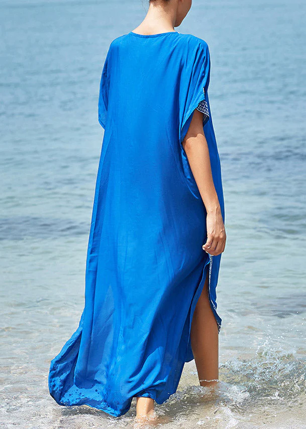 Art Blue Embroideried Floral Side Open Maxi Holiday Dress Short Sleeve - Image 4