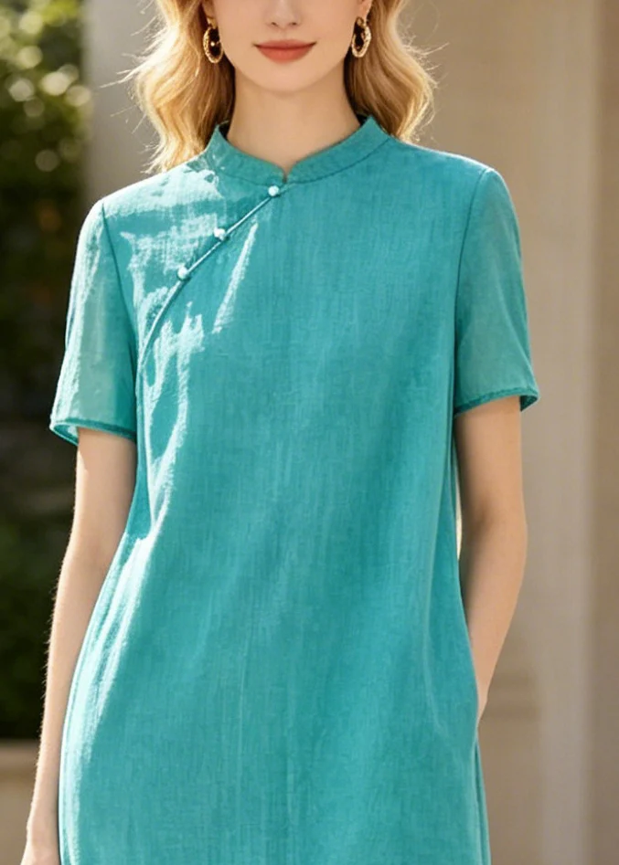 Art Blue Mandarin Collar Patchwork Cotton Long Dresses Summer - Image 2