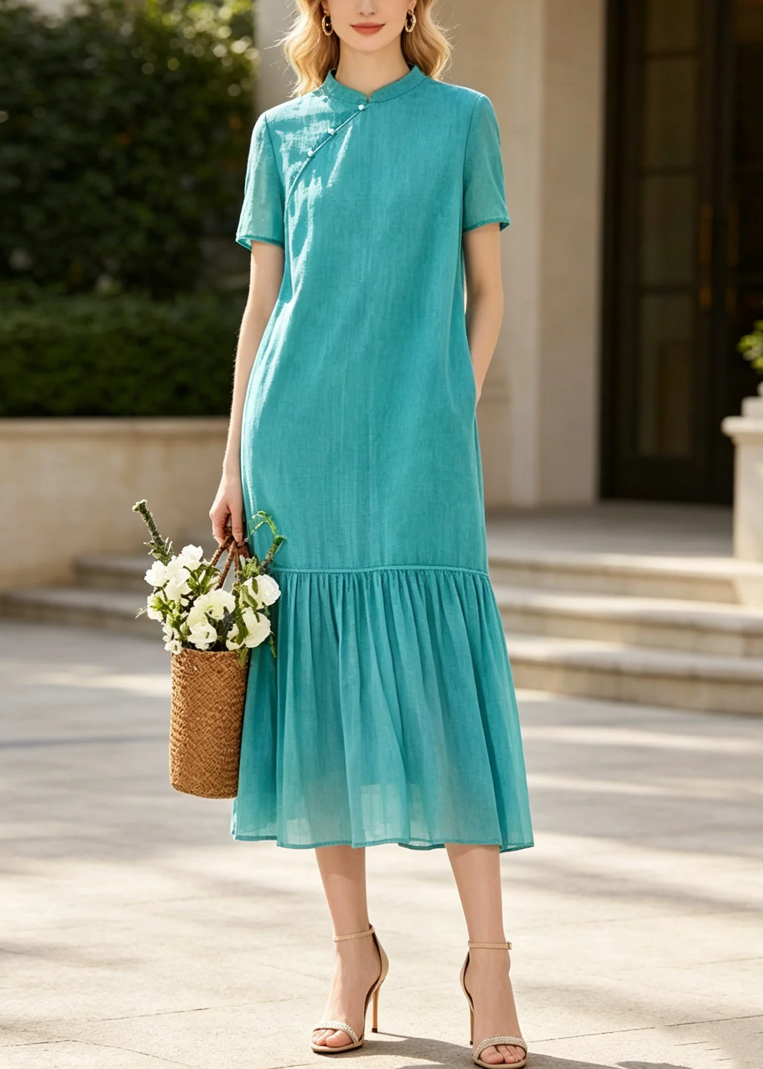 Art Blue Mandarin Collar Patchwork Cotton Long Dresses Summer - Image 5
