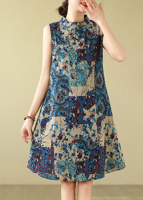 Art Blue Mandarin Collar Print Cotton Mid Dress Sleeveless - Image 2