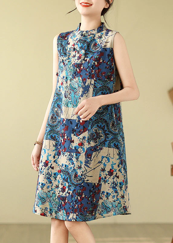 Art Blue Mandarin Collar Print Cotton Mid Dress Sleeveless - Image 3