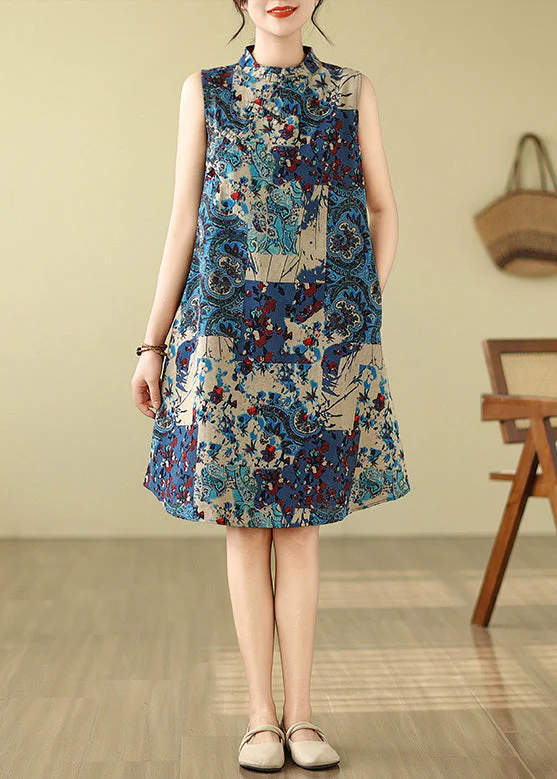Art Blue Mandarin Collar Print Cotton Mid Dress Sleeveless - Image 4