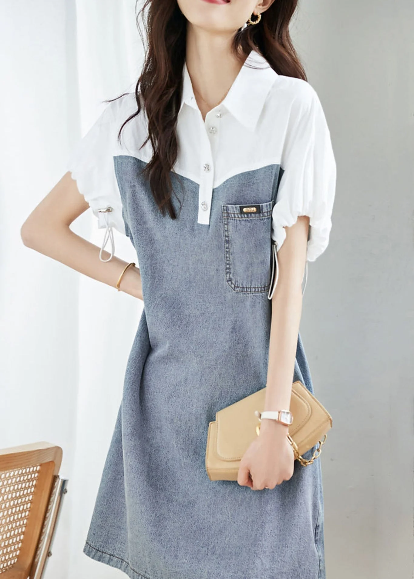 Art Blue Peter Pan Collar Drawstring Denim Patchwork Dress Summer - Image 2