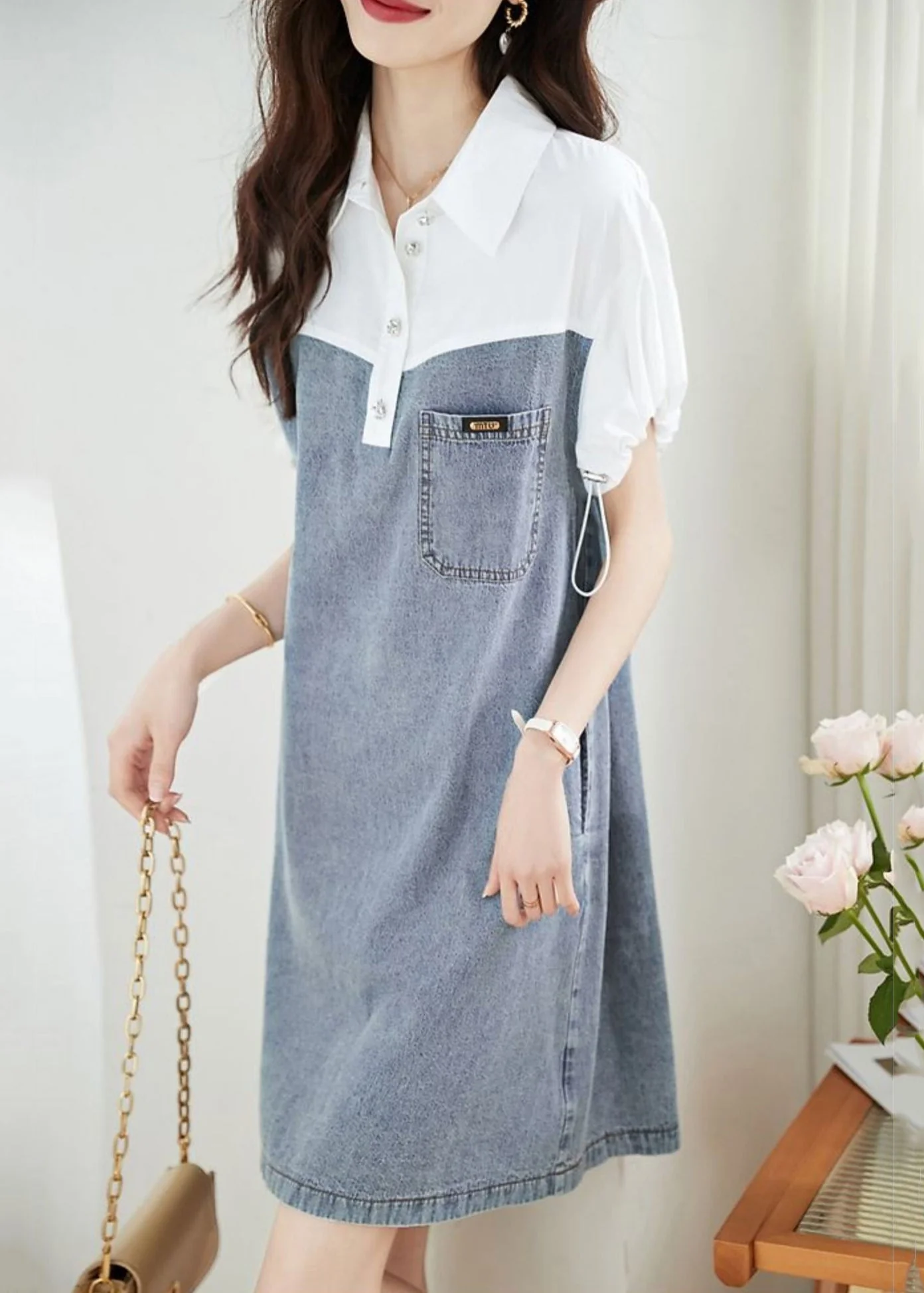 Art Blue Peter Pan Collar Drawstring Denim Patchwork Dress Summer - Image 3