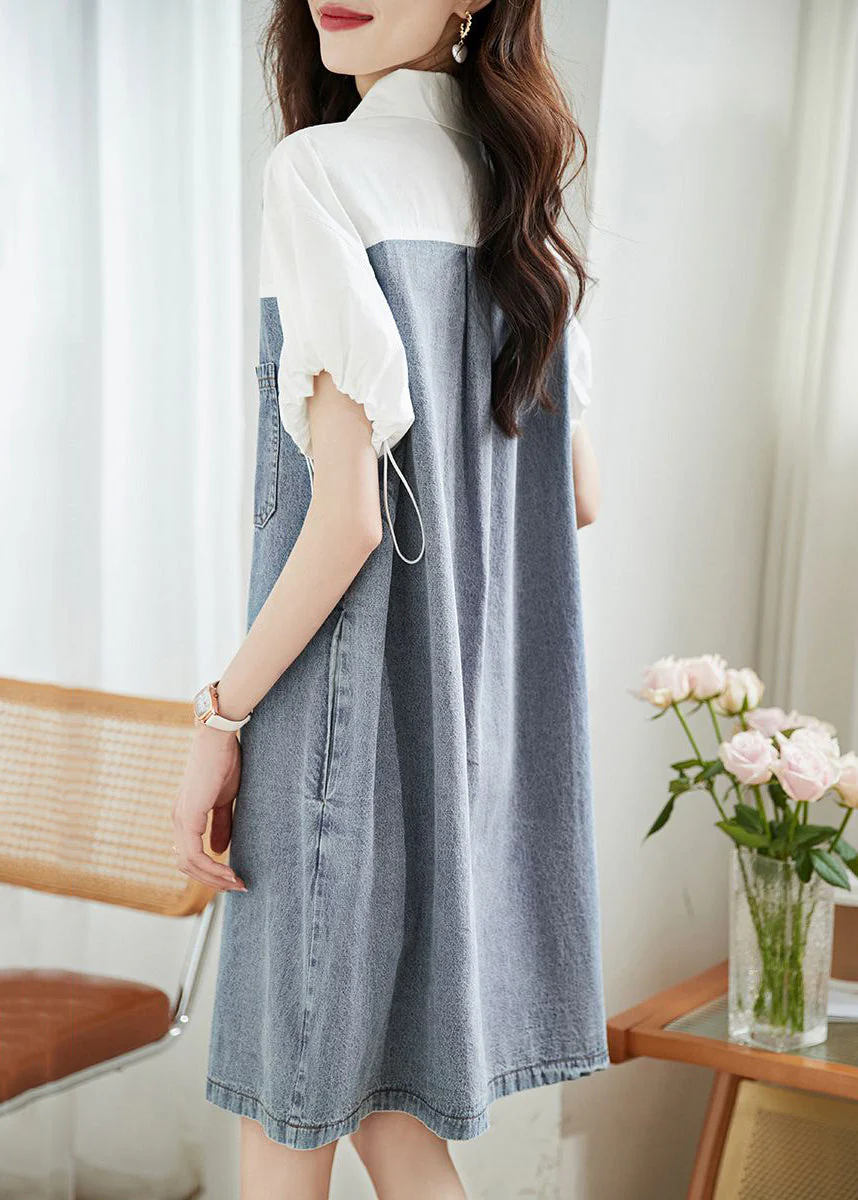 Art Blue Peter Pan Collar Drawstring Denim Patchwork Dress Summer - Image 4