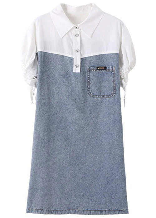 Art Blue Peter Pan Collar Drawstring Denim Patchwork Dress Summer - Image 5