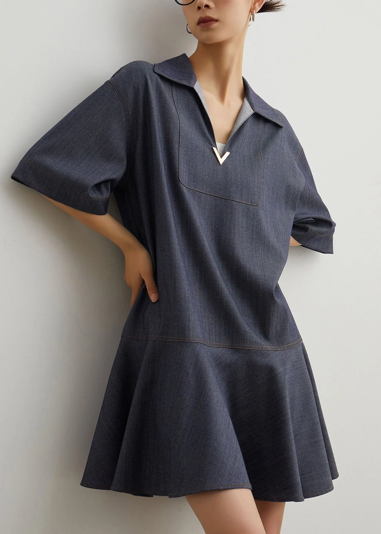 Art Blue Peter Pan Collar Patchwork Denim T Shirt Dress Summer - Image 2
