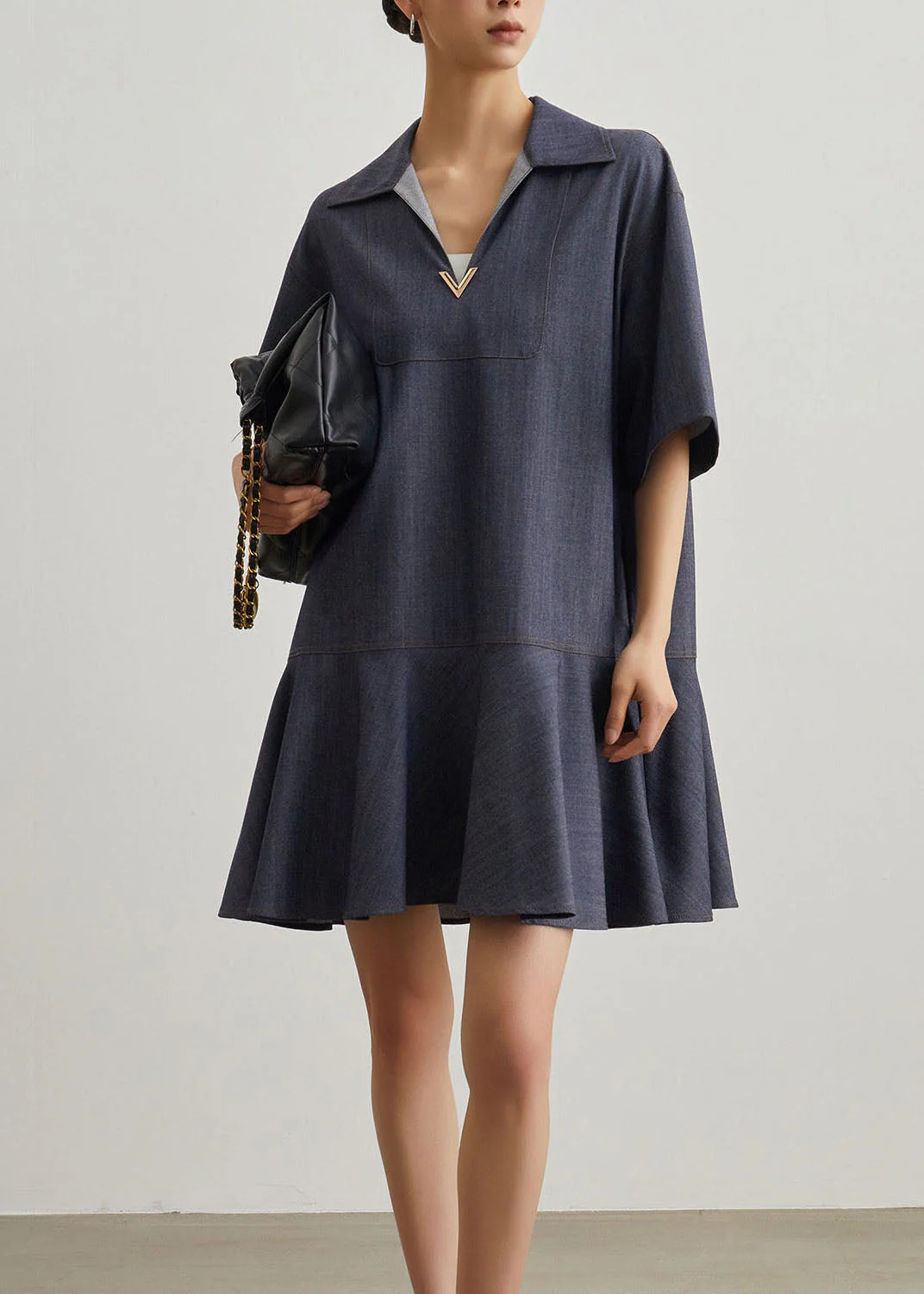Art Blue Peter Pan Collar Patchwork Denim T Shirt Dress Summer - Image 3