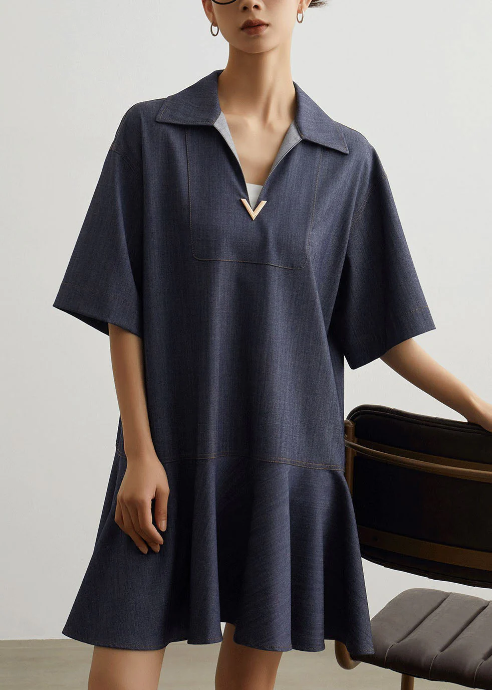 Art Blue Peter Pan Collar Patchwork Denim T Shirt Dress Summer - Image 4