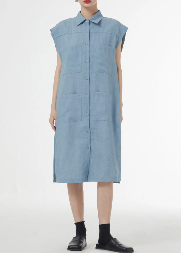 Art Blue Peter Pan Collar Tie Waist Patchwork Linen Shirts Dresses Short Sleeveless - Image 2
