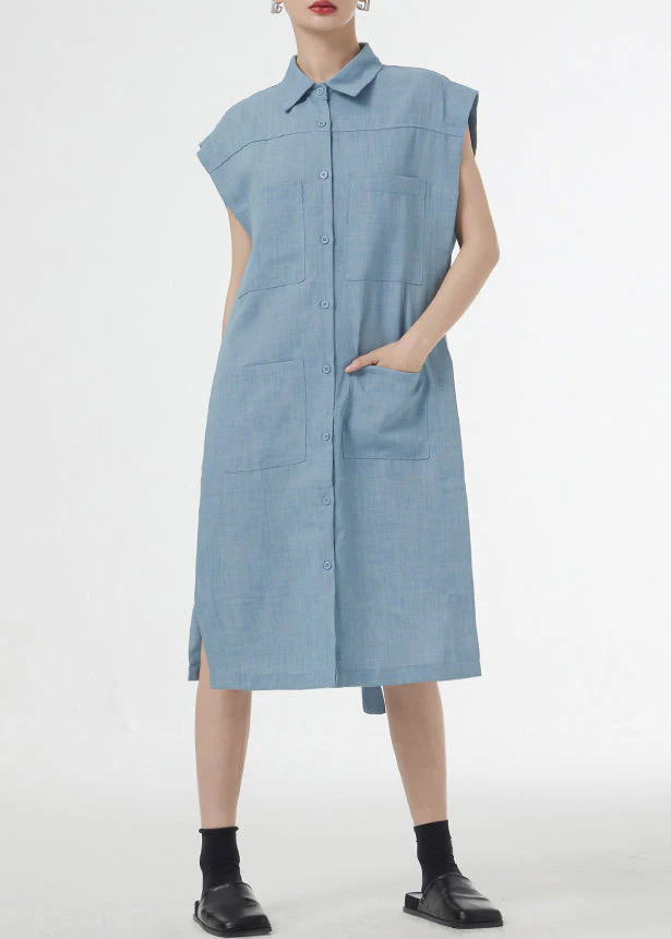 Art Blue Peter Pan Collar Tie Waist Patchwork Linen Shirts Dresses Short Sleeveless - Image 3