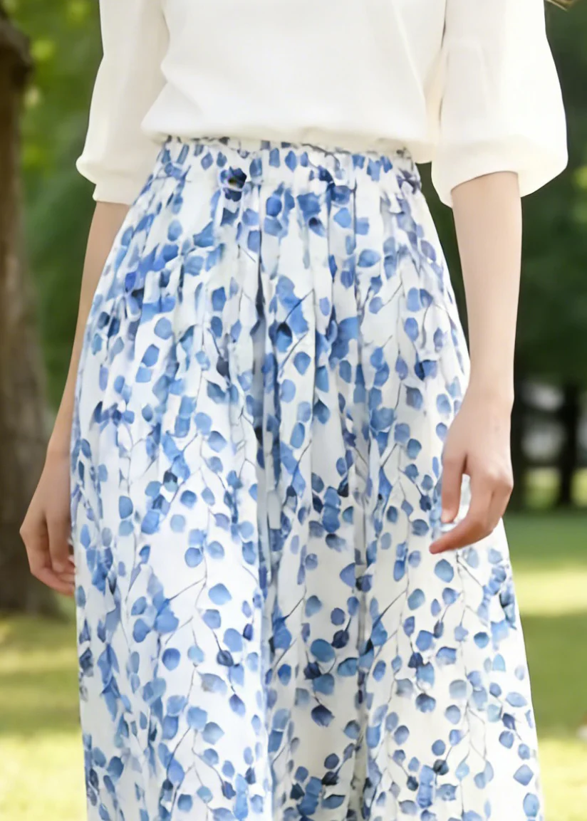 Art Blue Print Elastic Waist Cotton Skirts Summer - Image 2