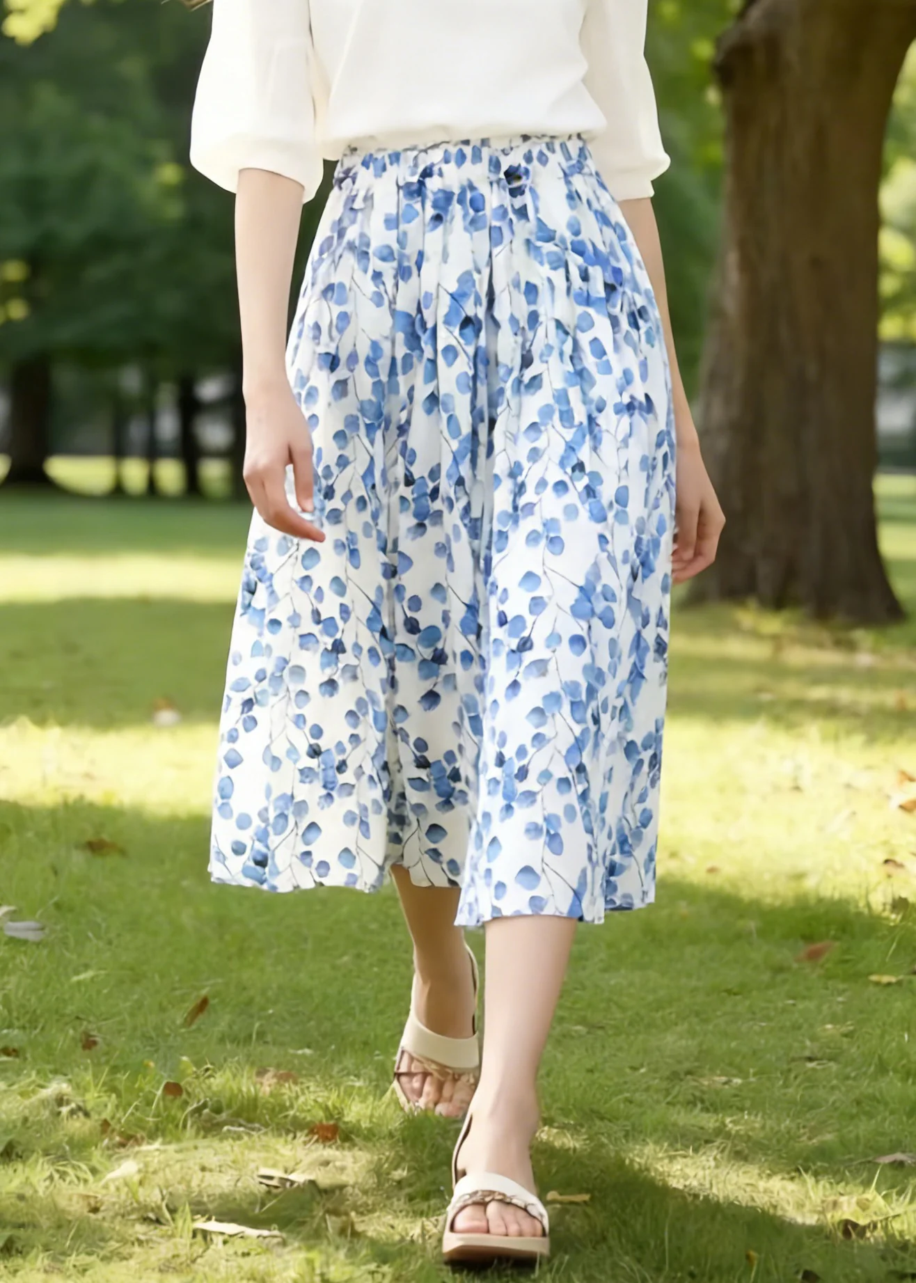 Art Blue Print Elastic Waist Cotton Skirts Summer - Image 3