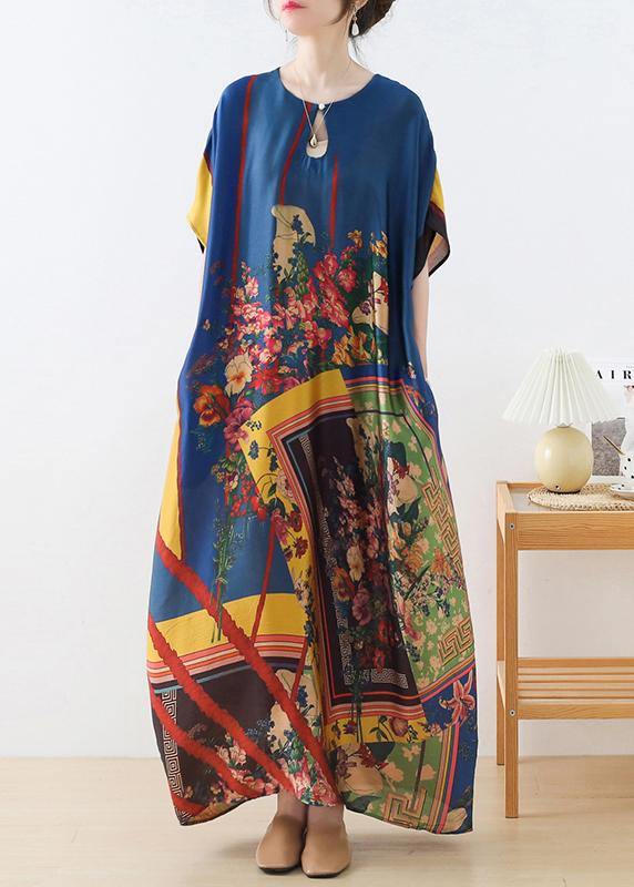 Art Blue Print Loose Asymmetrical Design Vacation Summer Chiffon Dress - Image 3