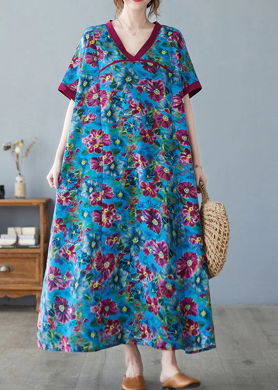 Art Blue Print Patchwork Cozy Long Dresses Summer - Image 3