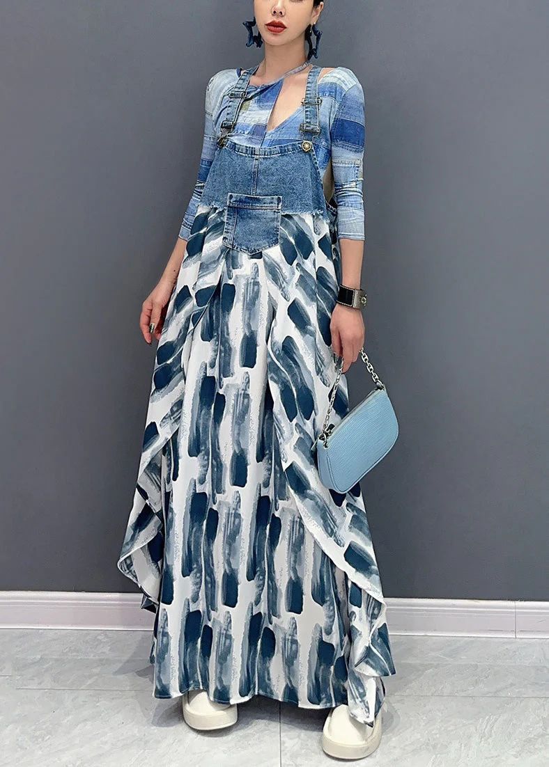 Art Blue Print Pockets Patchwork Long Dress Sleeveless - Image 3