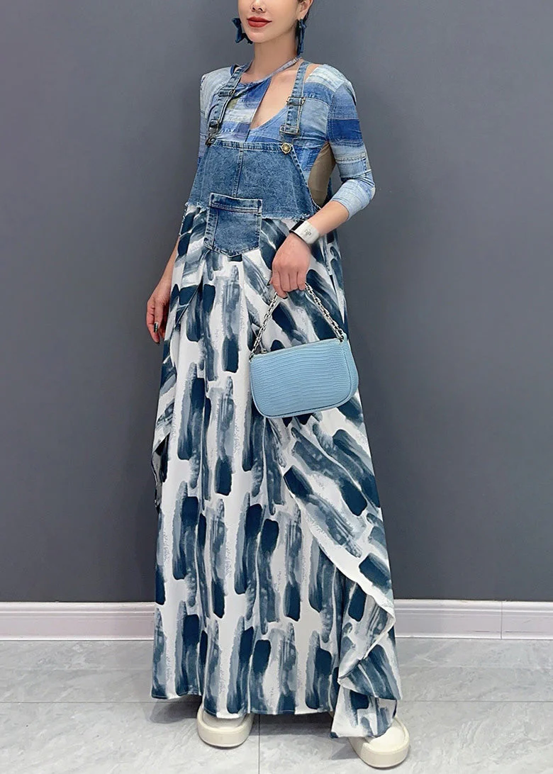 Art Blue Print Pockets Patchwork Long Dress Sleeveless - Image 4
