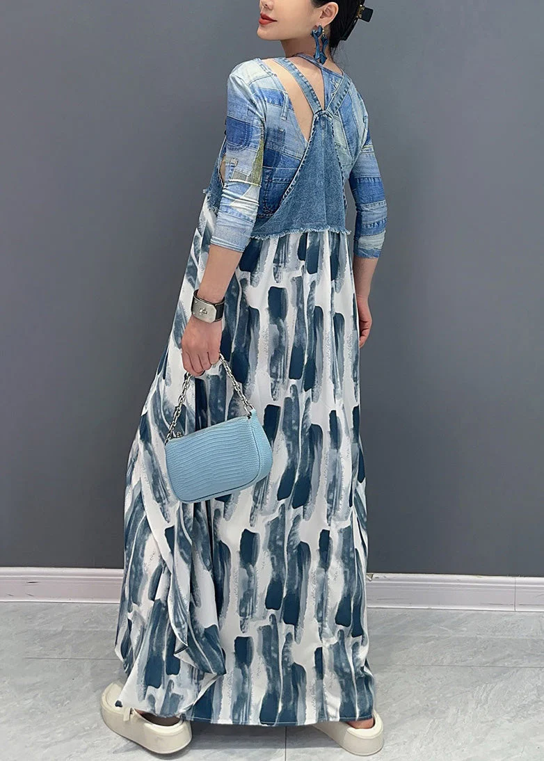 Art Blue Print Pockets Patchwork Long Dress Sleeveless - Image 5