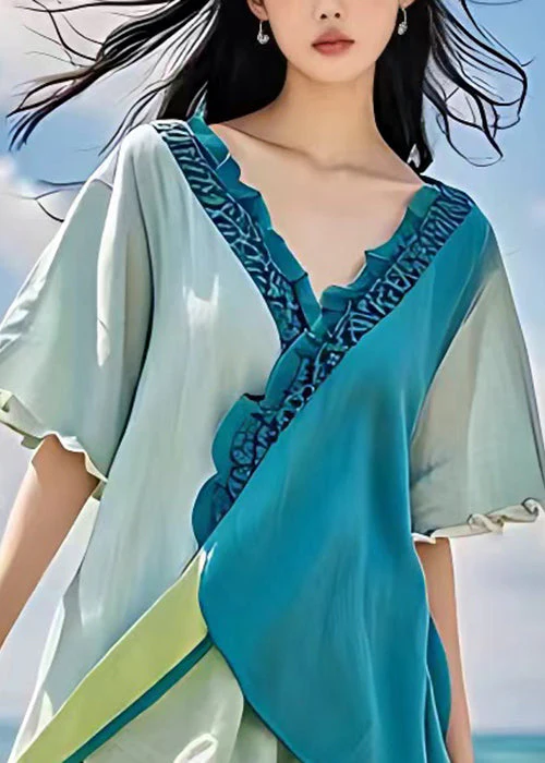 Art Blue Ruffled Low High Design Cotton Dresses Summer - Image 3