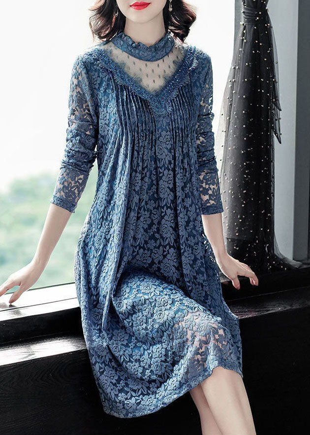Art Blue Ruffled Patchwork Hollow Out Lace Vacation Dresses Spring - Image 2