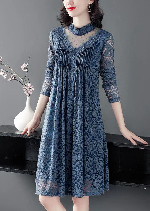 Art Blue Ruffled Patchwork Hollow Out Lace Vacation Dresses Spring - Image 3