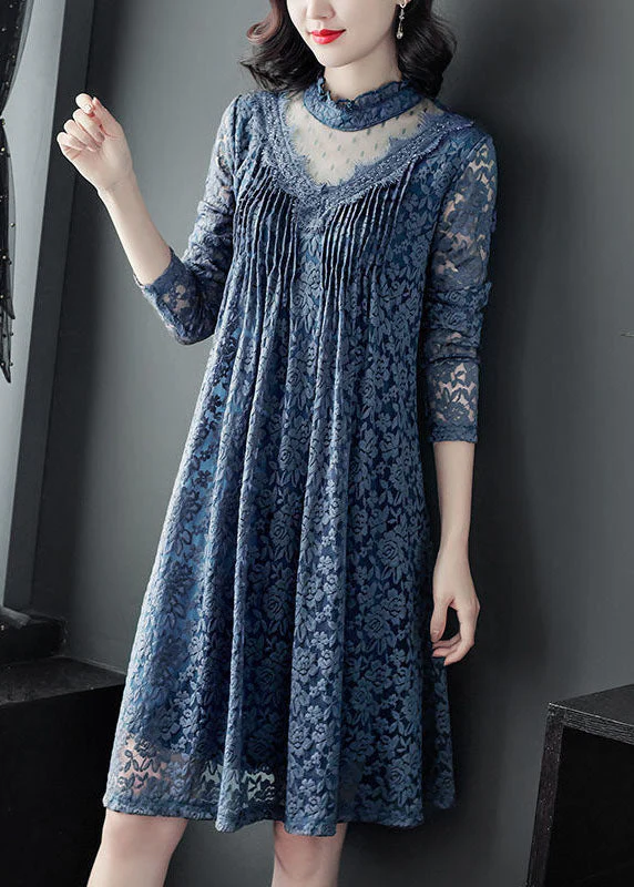 Art Blue Ruffled Patchwork Hollow Out Lace Vacation Dresses Spring - Image 4