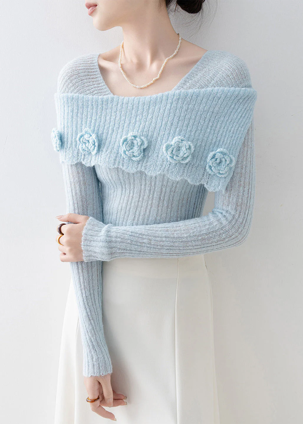 Art Blue Slash Neck Floral Slim Fit Knitted Tops Spring