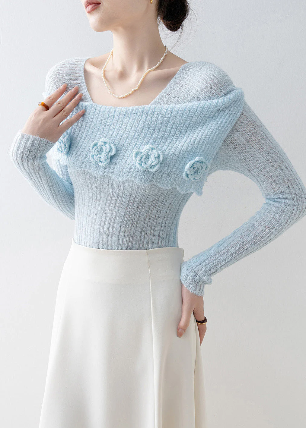 Art Blue Slash Neck Floral Slim Fit Knitted Tops Spring - Image 2