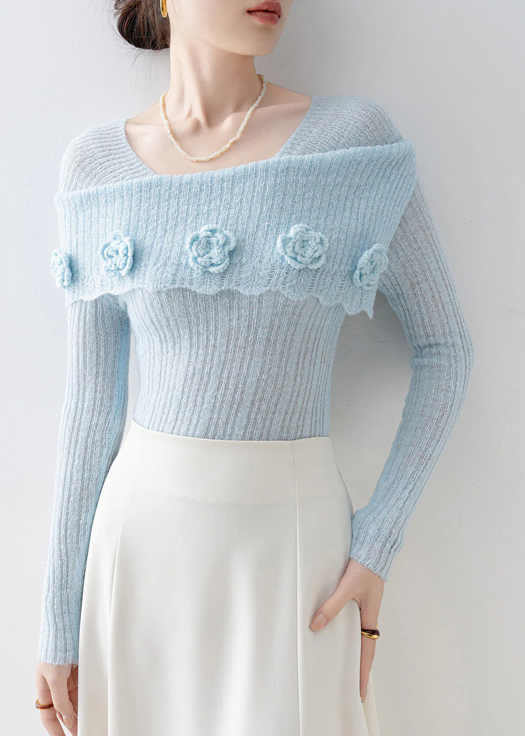 Art Blue Slash Neck Floral Slim Fit Knitted Tops Spring - Image 3