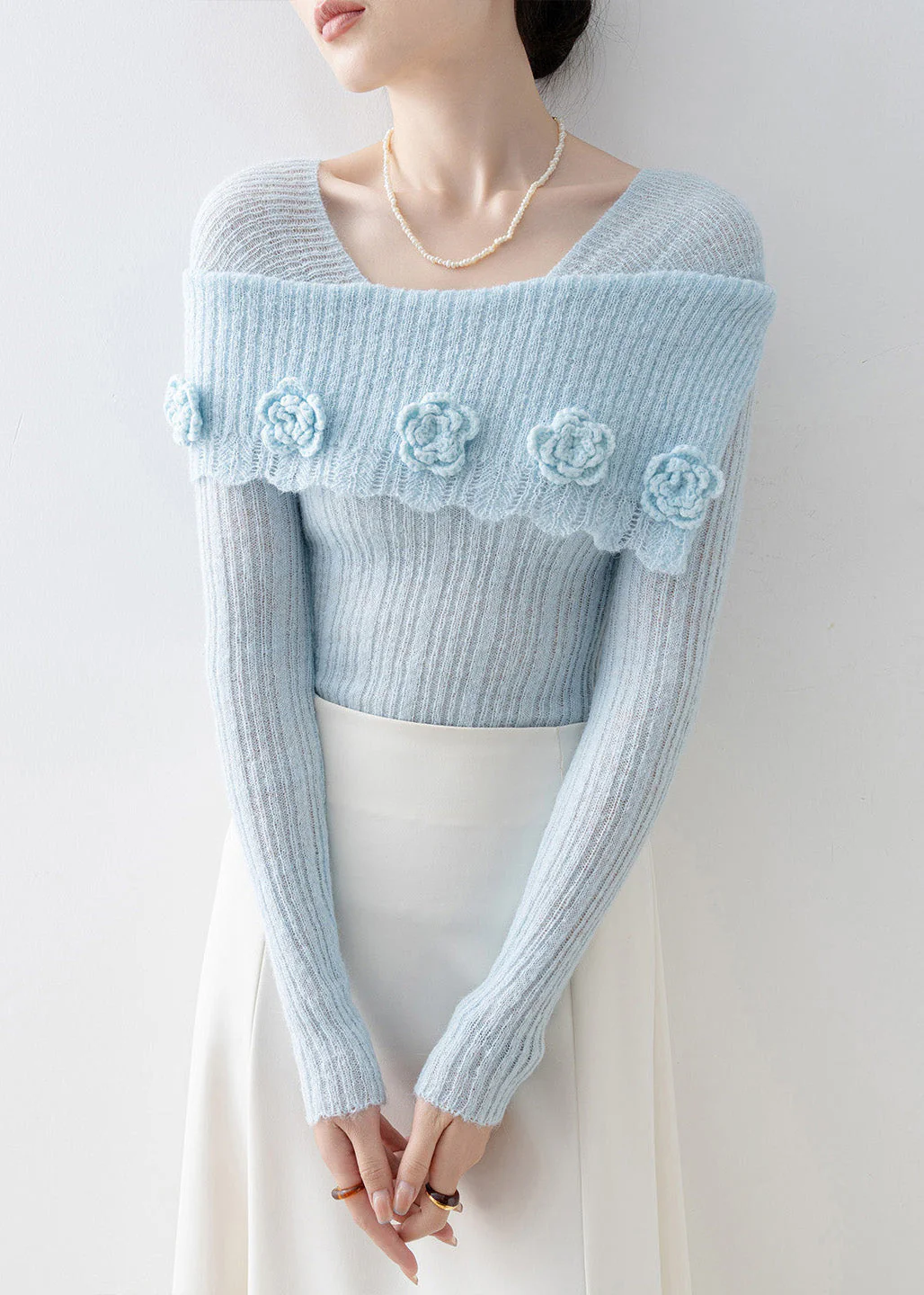 Art Blue Slash Neck Floral Slim Fit Knitted Tops Spring - Image 4