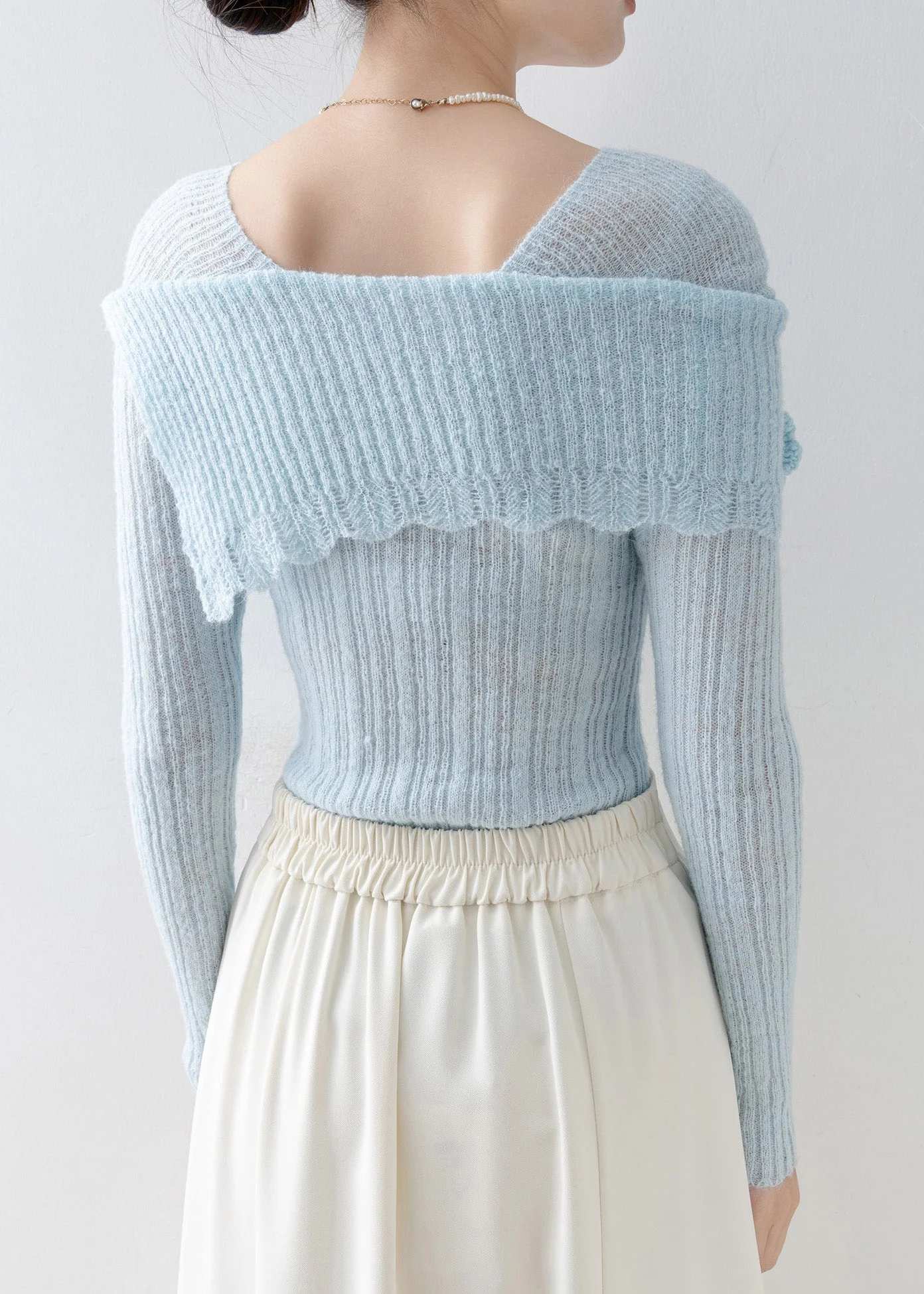 Art Blue Slash Neck Floral Slim Fit Knitted Tops Spring - Image 5