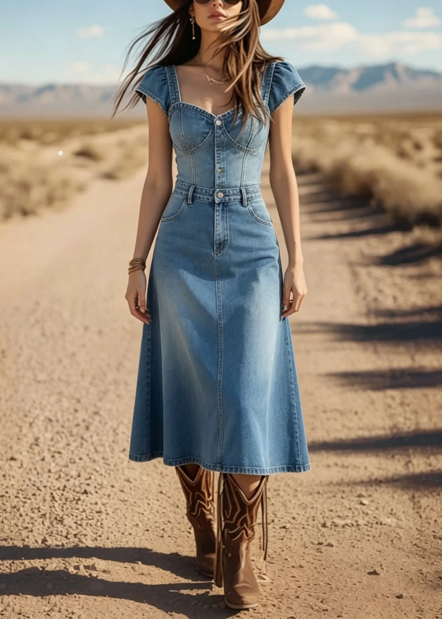 Art Blue Square Collar Patchwork Denim Dress Summer - Image 3