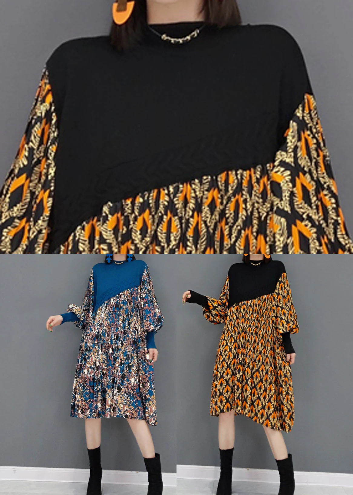 Art Blue Stand Collar Patchwork Print Chiffon Dresses Lantern Sleeve - Image 5