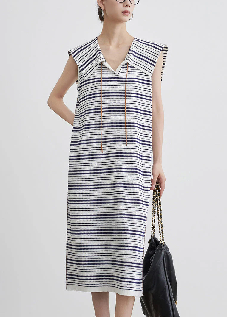 Art Blue Striped Cozy Knit Long Dress Sleeveless - Image 2
