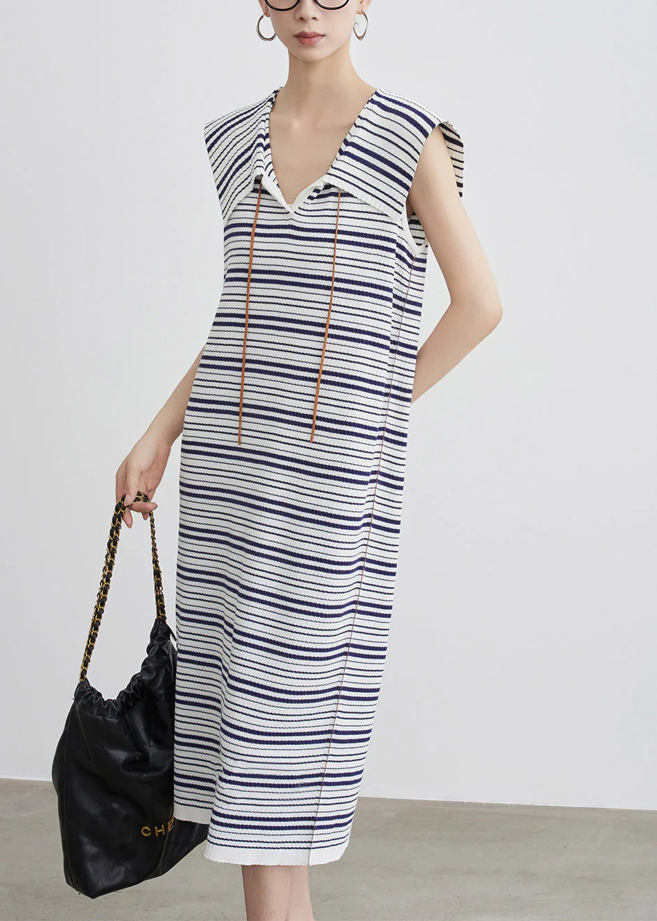 Art Blue Striped Cozy Knit Long Dress Sleeveless - Image 3