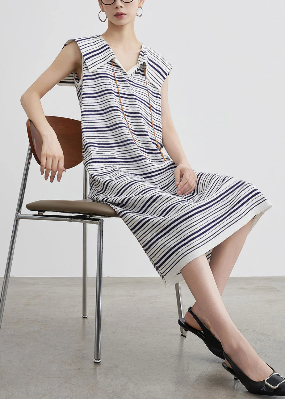 Art Blue Striped Cozy Knit Long Dress Sleeveless - Image 4