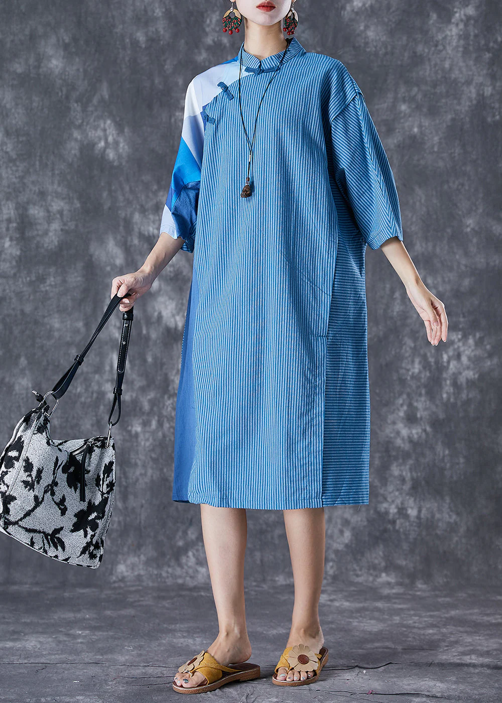 Art Blue Striped Patchwork Chinese Button Linen Dresses Summer - Image 3