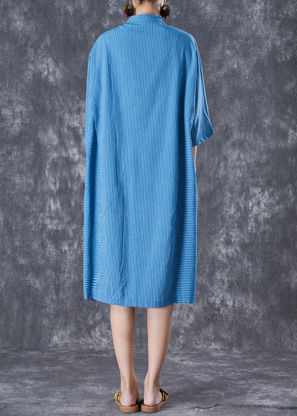 Art Blue Striped Patchwork Chinese Button Linen Dresses Summer - Image 4
