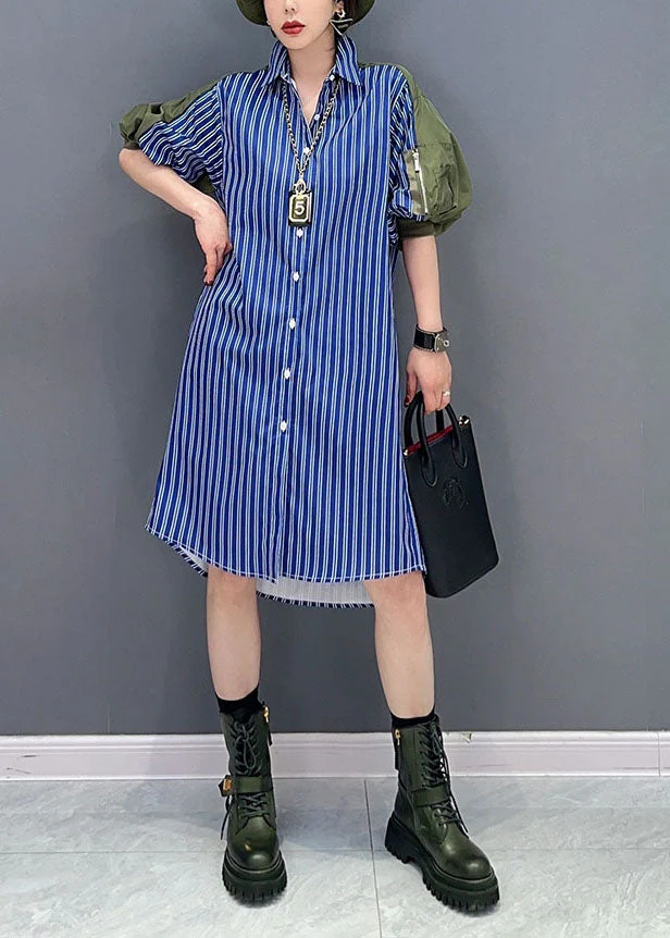 Art Blue Striped Peter Pan Collar Patchwork Cotton Shirt Dresses Puff Sleeve - Image 2