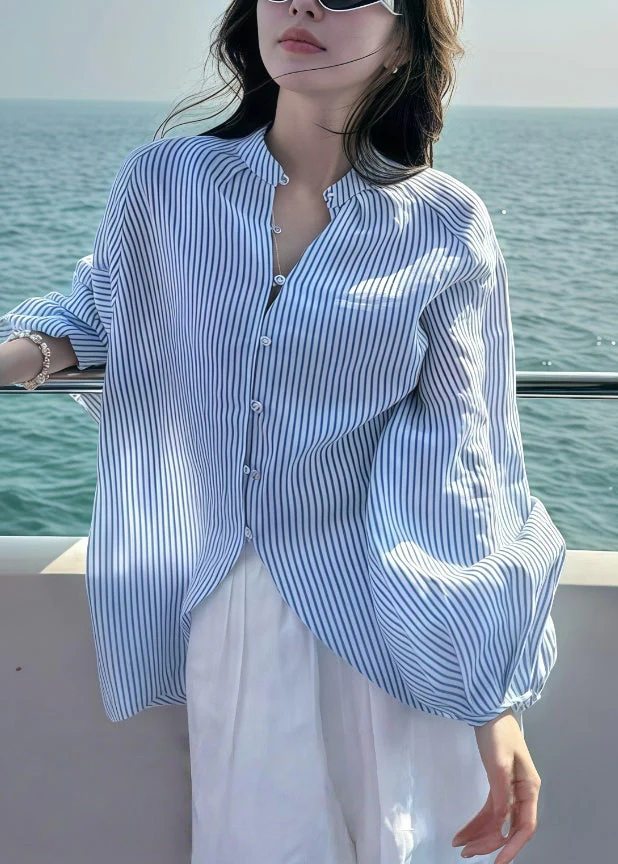Art Blue Striped Side Open Cotton Blouses Lantern Sleeve - Image 2