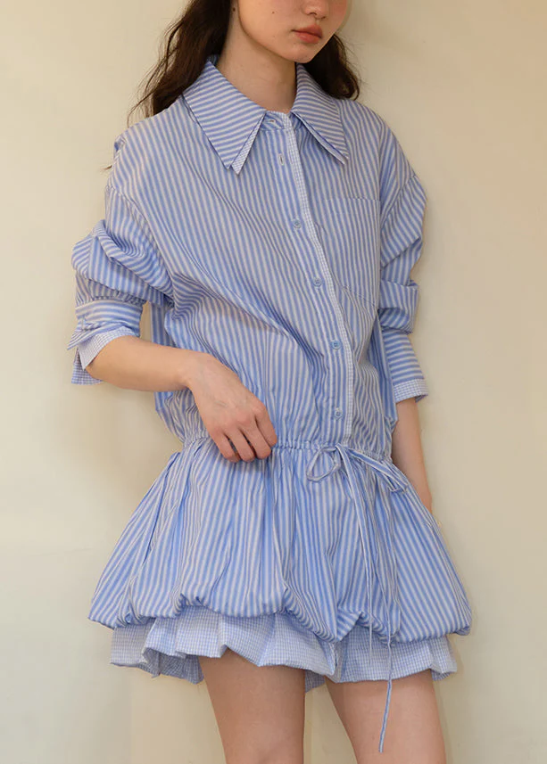 Art Blue Striped Tie Waist Cotton Shirt Dress Fall - Image 4