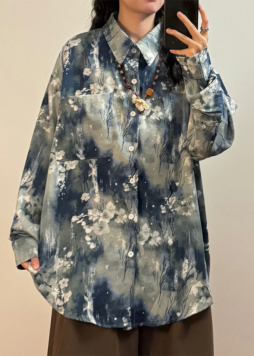 Art Blue Tie Dye Button Pockets Cotton Blouse Spring - Image 3