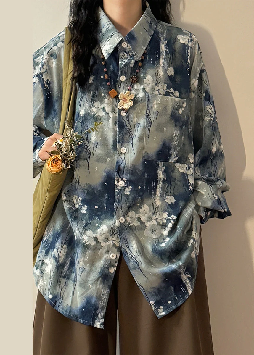 Art Blue Tie Dye Button Pockets Cotton Blouse Spring - Image 4